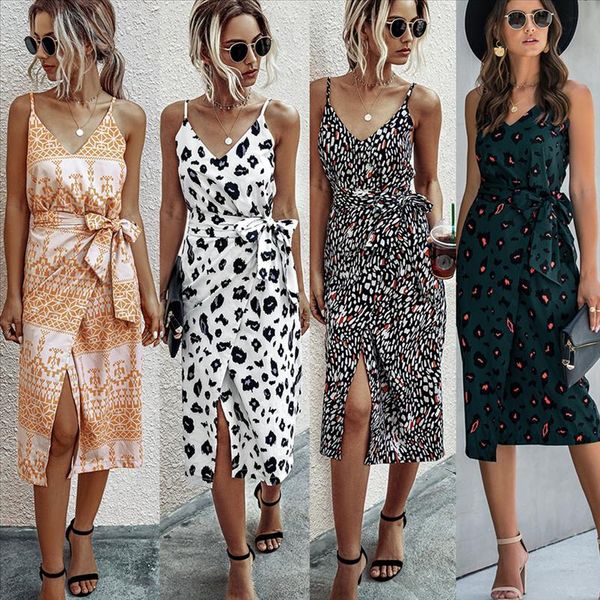 

summer elegant print split dress women sleeveless v neck casual tie waist dress boho party mid calf q30, Black;gray