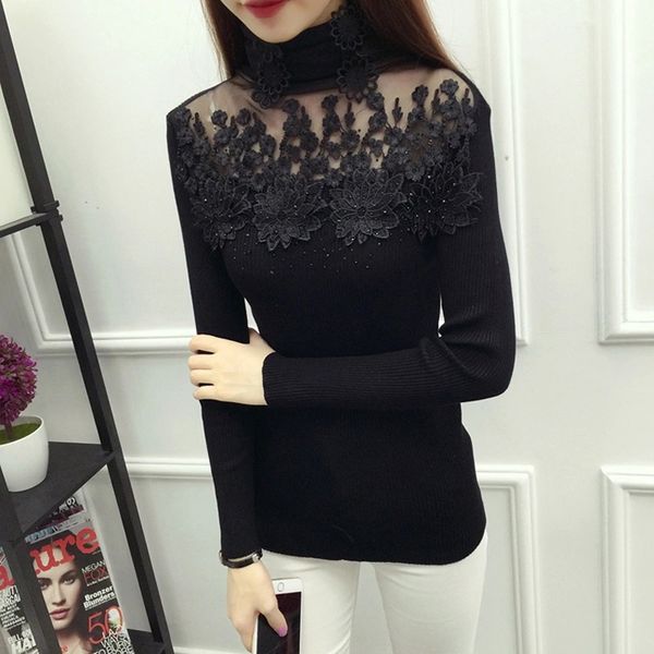 

fashions 2021 new women's long sleeves rufflrd turtlenecks spring ladies see through solid knitted or crocheted sweaters bvs1, Black;brown