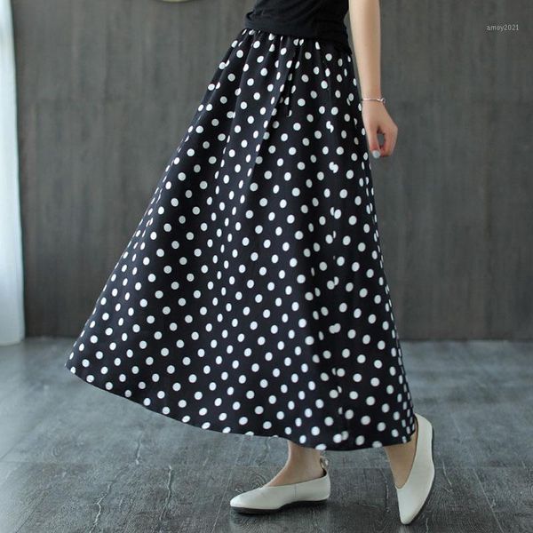 

skirts johnature 2021 summer women fashion retro all-match pocket polka dot skirt simple loose comfortable elastic waist half skirt1, Black