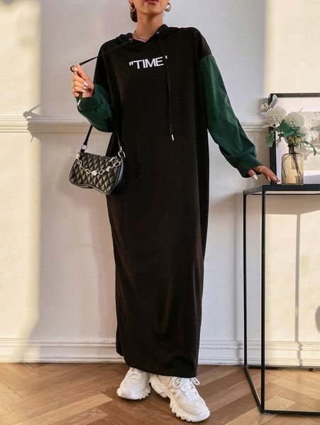 

letter graphic colorblock drop shoulder drawstring hoodie dress w1wg#, White;black