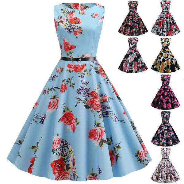 

new women's hepburn style round neck c7603 sleeveless print slim dress, Black;gray