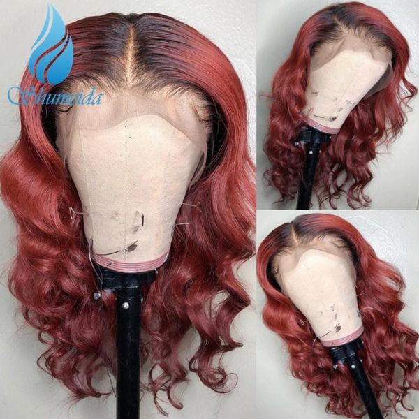 

lace wigs red ombre color front with baby hair 150% density brazilian remy human body wave glueless, Black;brown