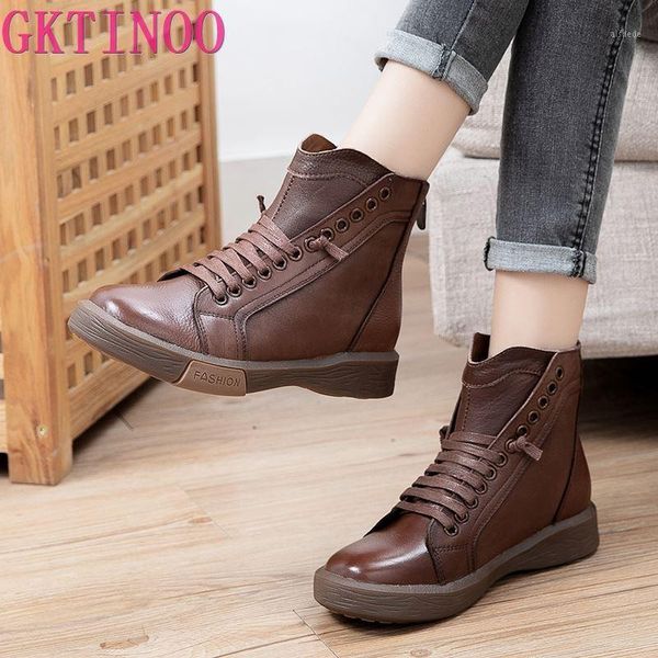 

boots gktinoo 2021 autumn winter genuine leather casual women's shoes retro handmade women ankle with plush short booties1, Black