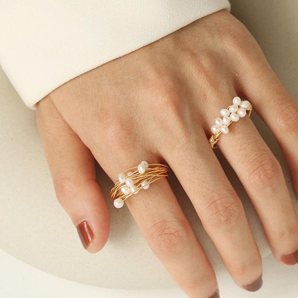 

cluster rings 2021 elegant trendy natural baroque pearl geometric braided gold color plated metal for women jewelry, Golden;silver