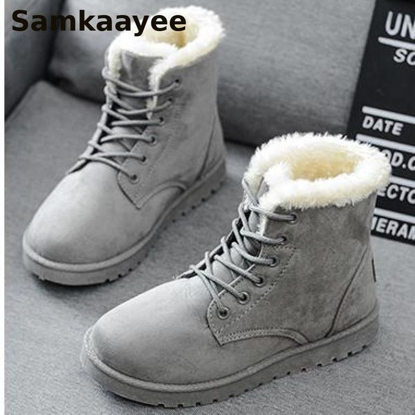 

boots plus size 35-42 womens winter female snow botas flock ankle suede lace-up round toe solid ladies add wool shoes y30, Black