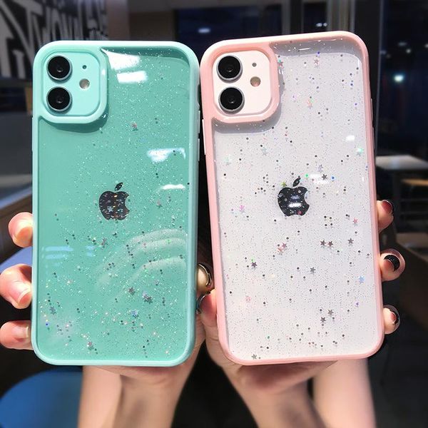 

star bling glitter phone case for iphone 11 12 pro max clear back love heart tpu case cover for iphone xr x 7 6 8 plus