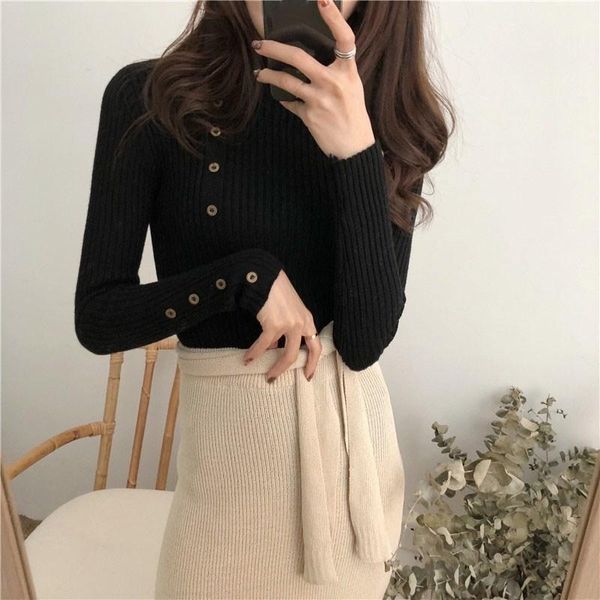 

2019 autumn winter women turtleneck sweater pullovers button design long sleeve sweater pullover jumper1, White;black
