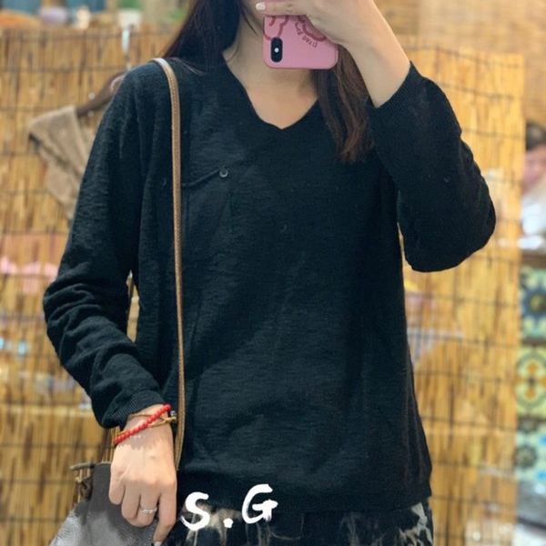 

новая осень 2020 корейского pullovert футболку pulloverv-шея сплошного цвета футболки свободно pocketversatile top новая осень 2020 корейски, White;black