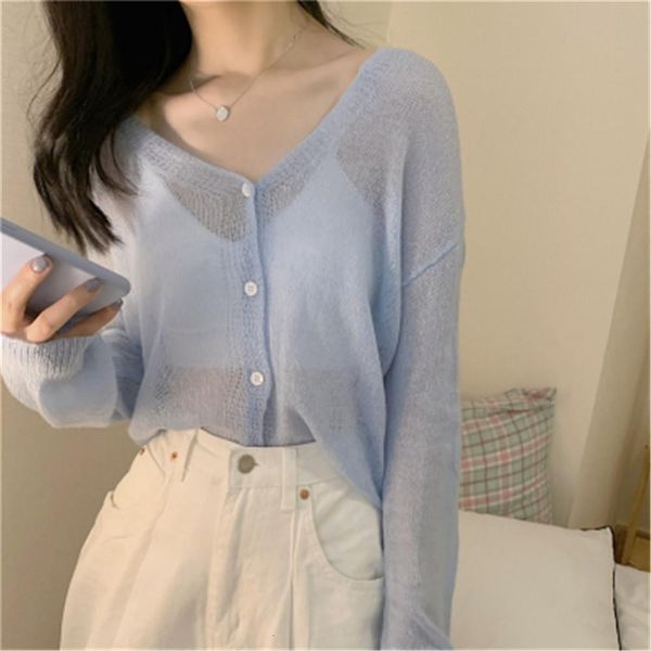 

new women 2021 summer short cardigan coat female v neck thin knitted coats new color air conditioning casual zy4941, White;black