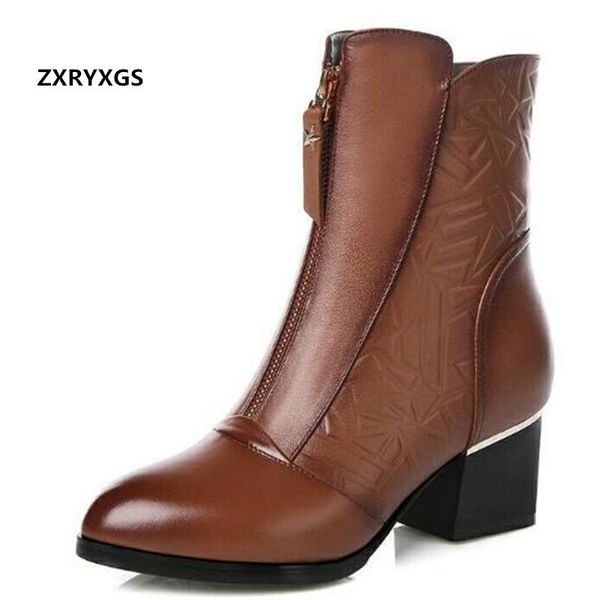 

boots 2021 fashion pointed autumn women's shoes thick heel non-slip genuine leather warm, Black