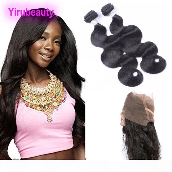 

indian human hair extensions wefts with 360 lace frontal 3 pieces lot virgin hair bundles with natural hairline lace frontal, Black;brown