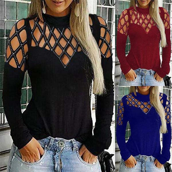 

blouses woman 2020 leisure holiday tees ladies black basic shinny studded hollow out long sleeve casual womens shirt, White