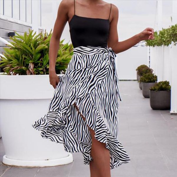 

faldas mujer moda 2019 fashion long skirt women zebra striped print bandage open fork ruffles hem bohemia skirt jupe femme 40*, Black