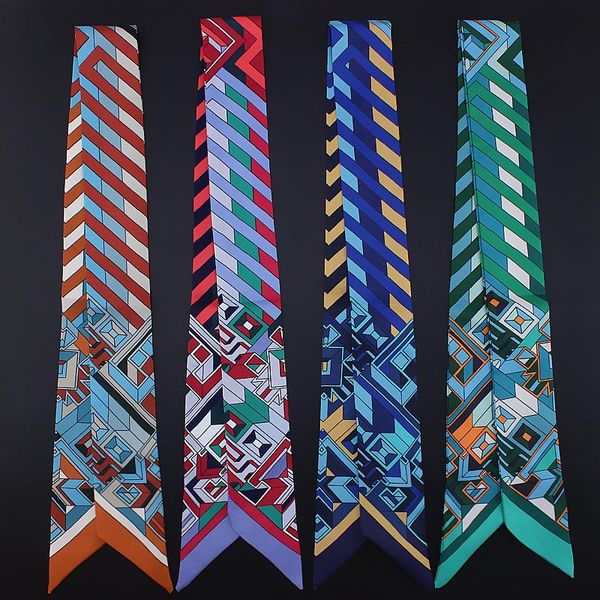 

scarves geometry stripe long and thin narrow scarf tie bags gamepad small ribbon silk woman neckerchief cravat hair band 100*5cm, Blue;gray