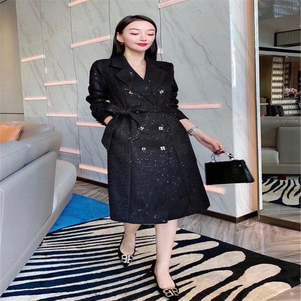 

2020 new mid-length heavy industry sequined tweed double-breasted lace-up waist small fragrant wind warm coat exquisite tassel small fragran, Black