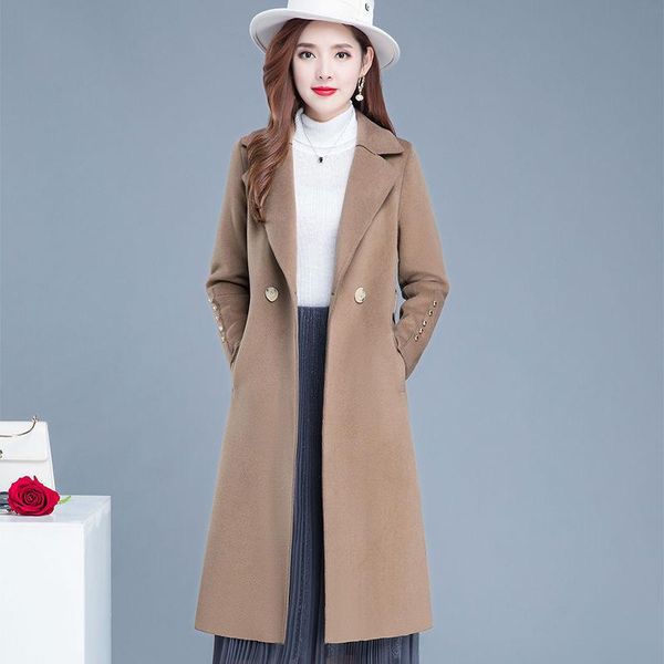

women's wool & blends woolen coat winter mid-length slim over-the-knee solid color high-end large size 4xl outwear female trendy, Black