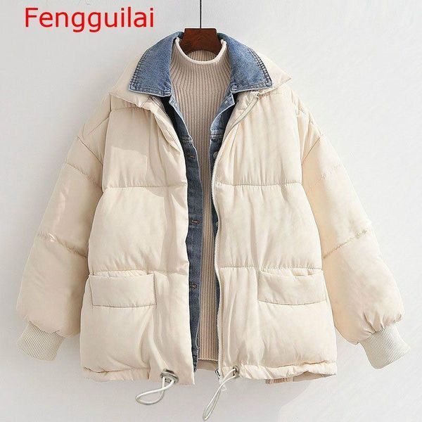 

women plus size denim jacket 2019 winter stitching bread coat women warm down cotton parka thicken jacket1, Black