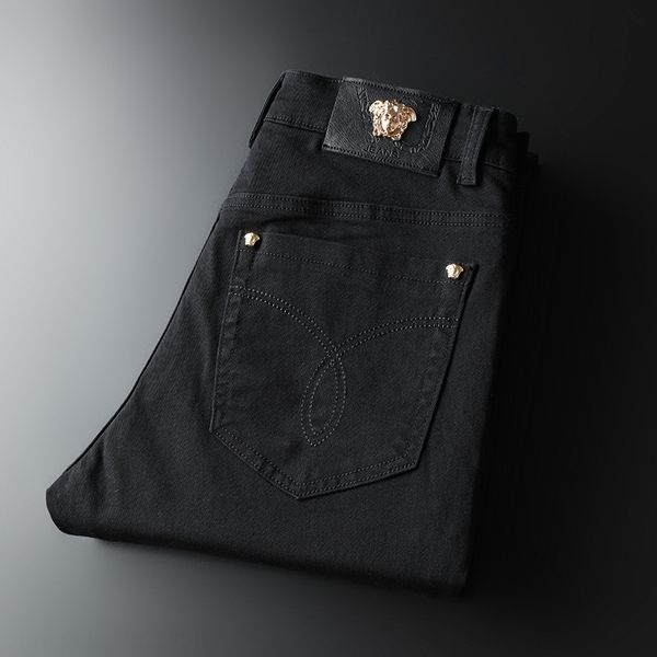 

wbtaa embroidered and summer thin light grey men's embroidery jeans slim elastic small straight pants summer simple and jeansembroidere, Blue