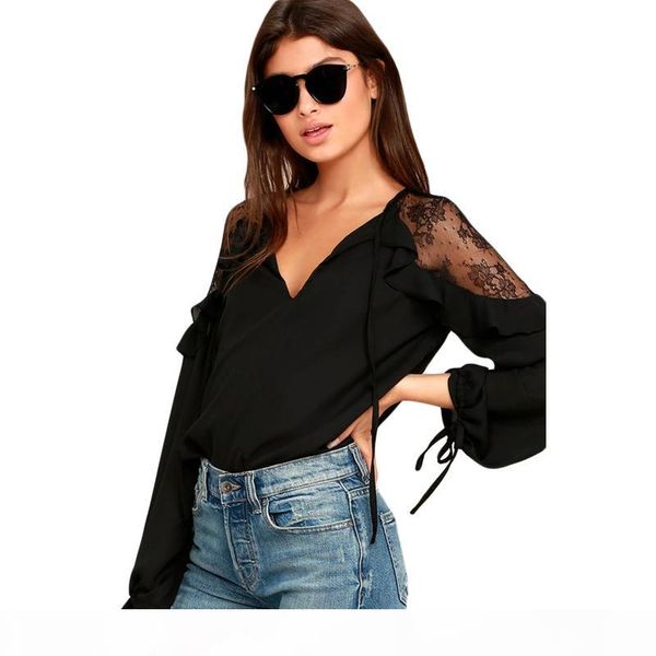 

womens and blouses plus size clothing long sleeve ruffle shoulder chiffon lace blouse femme blusas femininas, White
