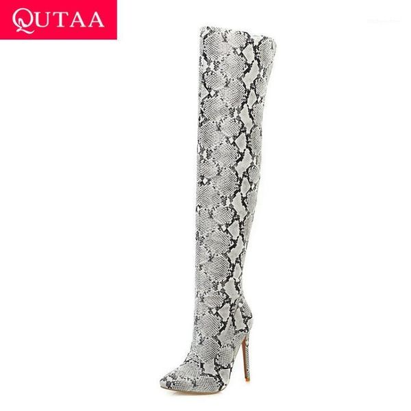 

boots qutaa 2021 fashion snakeskin pu leather zipper women shoes thin high heel pointed toe winter over the knee size 34-431, Black