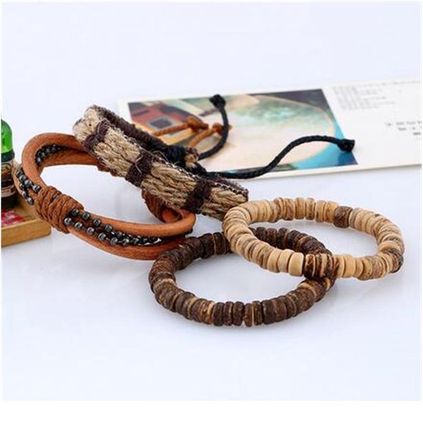 

4pcs/ set braided wrap leather bracelets for men women vintage wooden beads ethnic tribal wristbands bracele wmtrlo, Golden;silver