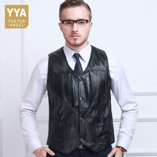 

business men genuine leather sleeveless jacket slim fit pockets fleece lining pescar vest male office waistcoat plus size m-6xl1, Black