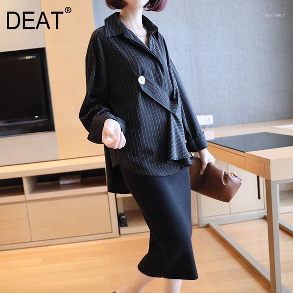 

deat] 2020 new autumn fashion blouse women office lady style striped lapel collar button cross full sleeve loose solid ht1601, White