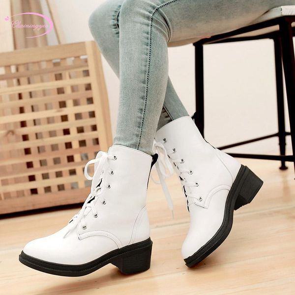 

college style round head autumn ankle boots lace-up black white red apricot high heel thick motorcycle boots women shoes