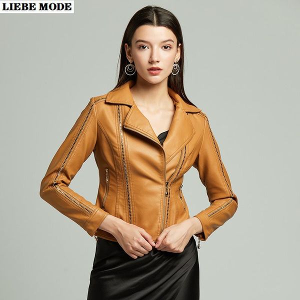 

women's leather & faux zipper motorcycle biker pu jacket for women cropped bomber coat soft outwear casual veste cuir femme, Black