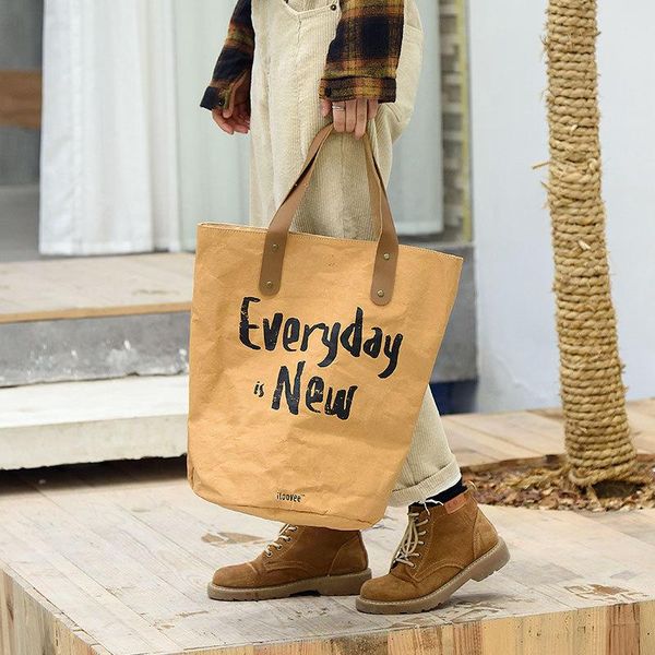 

1pc waterproof tyvek brown kraft paper bag durable reusable hand bag leakproof retro leisure big paper gift tote