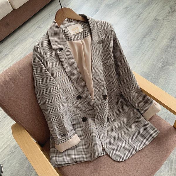

office ladies notched collar plaid women blazer double breasted spring autumn jacket 2021 casual pockets female suits coat, White;black