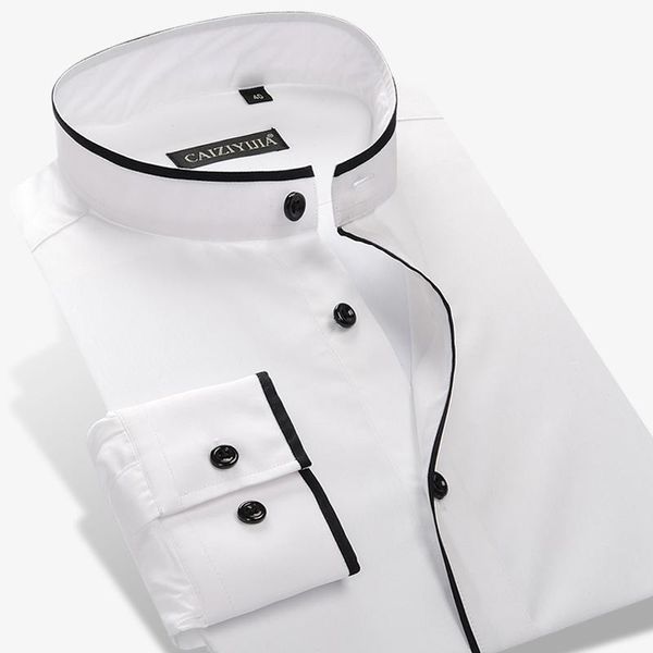 Camicie eleganti da uomo Colletto fasciato (colletto alla coreana) con bordino nero Design senza tasche Camicia casual sottile a maniche lunghe standard