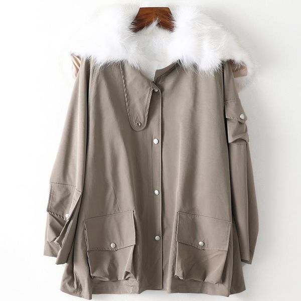 

detachable rex fur liner raccoon dog fur hooded collar pie overcomes women's winter coat loose medium length parka jacket1, Black