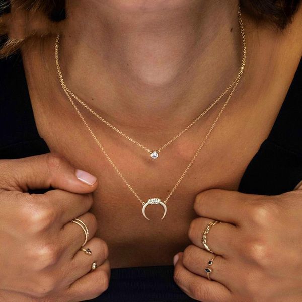 

februaryfrost brand designer maxi long crescent moon necklace women delicate clear zircon horn moon pendants necklaces boho jewelry, Silver
