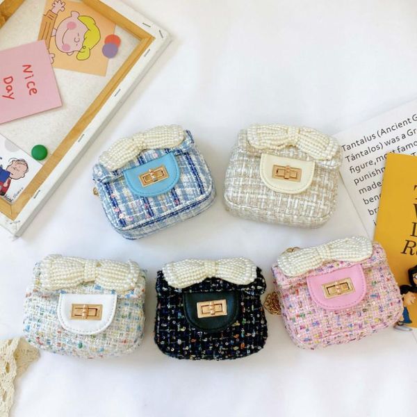 

korean kids purses and handbags mini crossbody 2020 cute little girl pearl bow messenger bag baby girls small coin pouch purse1, White