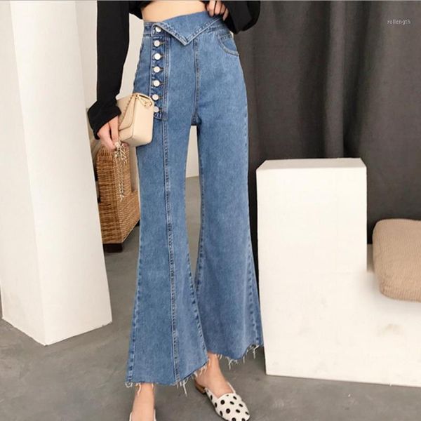 

ewq]2020 spring new fashion women personality side single breasted irregular denim pants high waist flare jeans blue trousers1