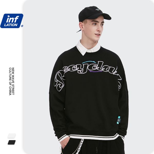 

inflation high street contrast color sweatshirt men steetwear 2020 embroidery oversized sweatshirt couple fleece pullover 1348w c1011, Black
