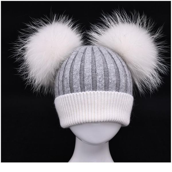 

baby winter real fur ball beanie hat warm cute fashion fluffy real white big raccoon fur pom poms kids knit jllssi