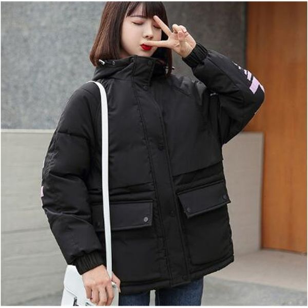 

2021 new winter female jacket oversized print with hoodie parkas loose style short collar plus casual size thick jackets qs6p, Black