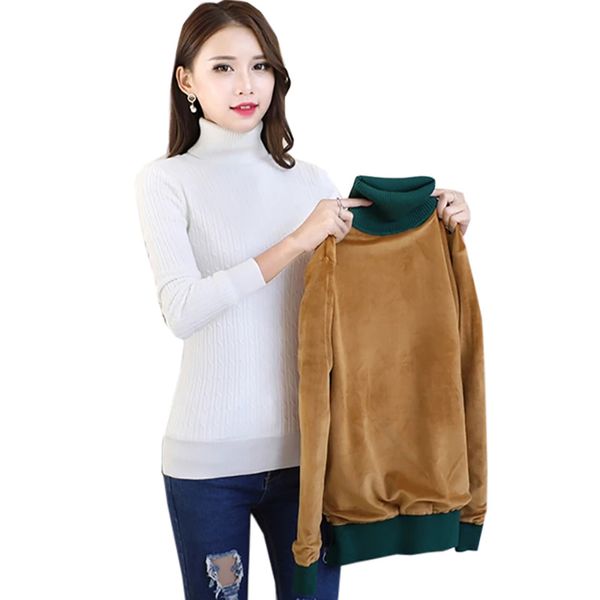 

2020 winter plus thick velvet knit sweater velvet lining warm pullover high-necked sweater female thick turtleneck sweater lj201126, White;black