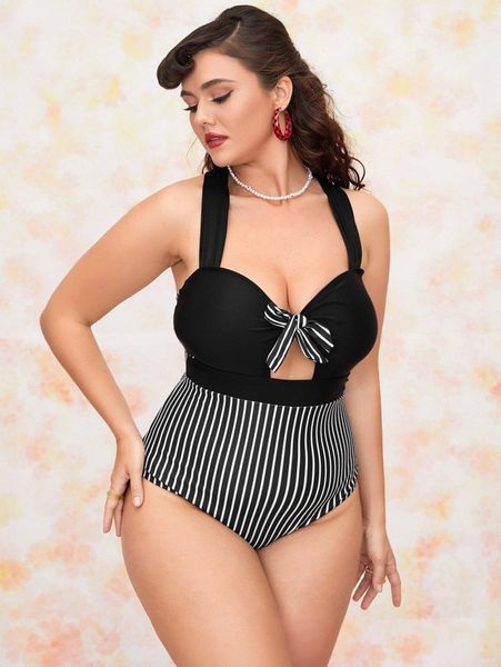

plus striped cut-out one piece swimsuit b2j3#, Black