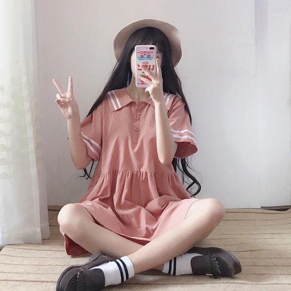 

spring and summer new women's japanese soft sister cute girls navy collar loose short-sleeved students long dresses1, Black;gray