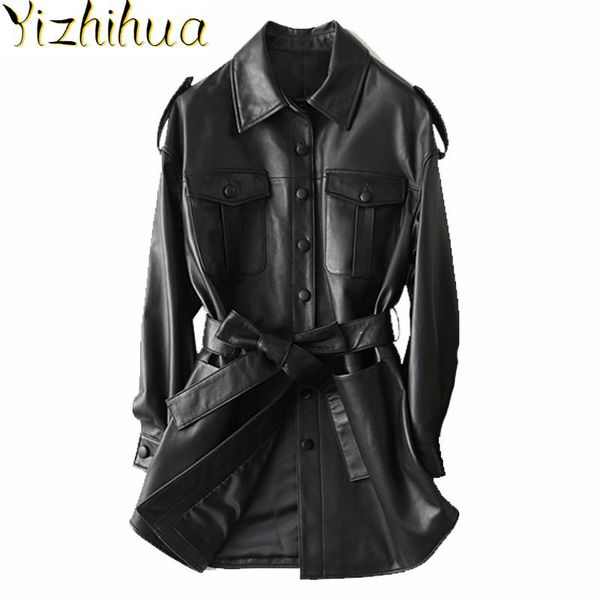 

real leather female fashion jacket 2021 spring autumn korean vintage streetwear genuine leather trench coat women 29108, Black