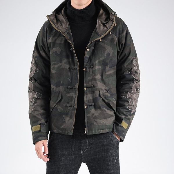 

men's down & parkas winter clothes chinese style retro returnbuckle trend camo hooded cotton-padded jacket, Black