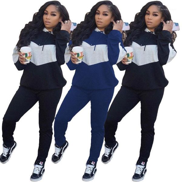 

women's tracksuits autumn and winter solid color stitching hooded two-piece women's long-sleeved trousers with fashionable casual, Gray
