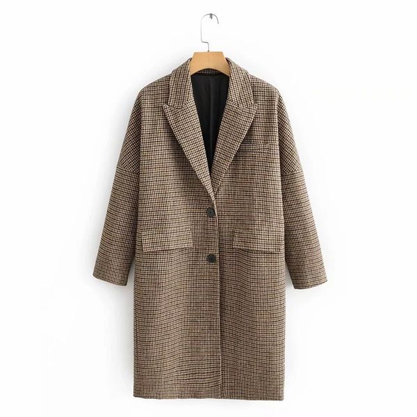 

za autumn winter wool tweed coat women long style vintage plaid casual women's windbreaker outerwear woolen trench parka femalex1020, Black