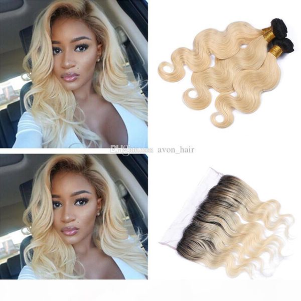 

ombre body wave human hair bundles with lace frontal 13x4 4pcs lot ear to ear frontal with hair extension, Black;brown