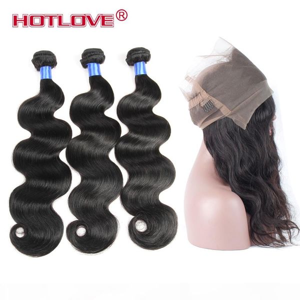 

360 lace frontal closure with 2 pcs 3 pcs brazilian peruvian remy human hair body wave 360 full frontal pre plucked natural hairline, Black;brown