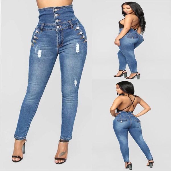 

blue long jeans women jeans high waisted four-row button down stretch female