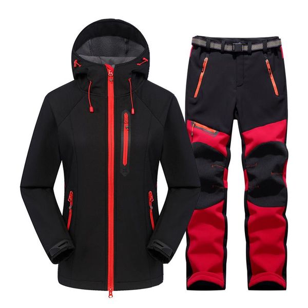 

waterproof hiking suit women outdoor thermal fleece softshell jacket and pants sets camping coat climbing ski trousers, Blue;black